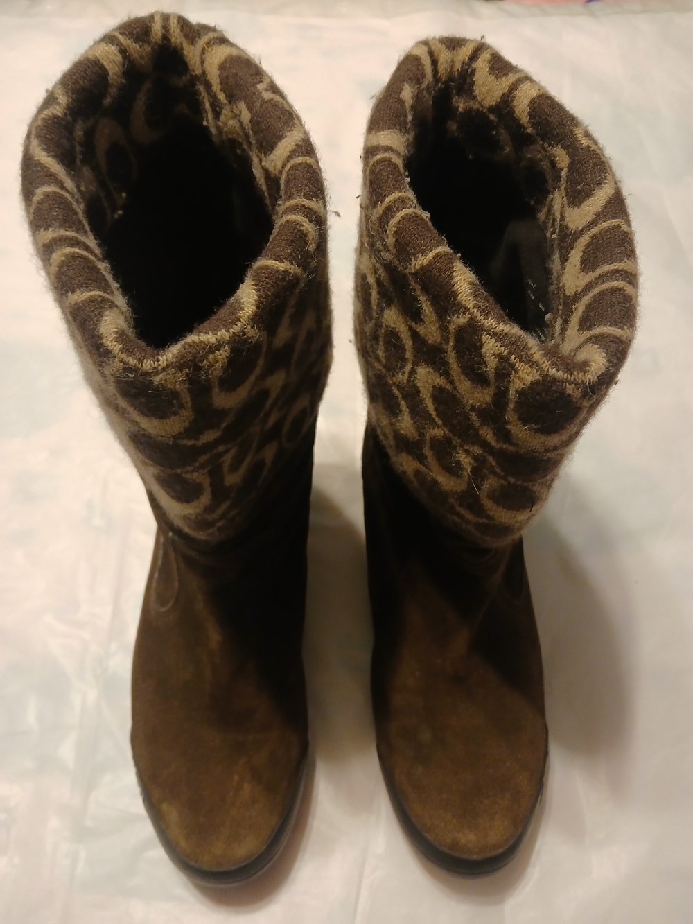 Coach Women’s Brown Suede Winter Boots with Reversible Wool Patterned Cuff